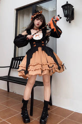 Robe Jsk Lolita douce à volants multicouches avec sorcière étoilée d'Halloween orange